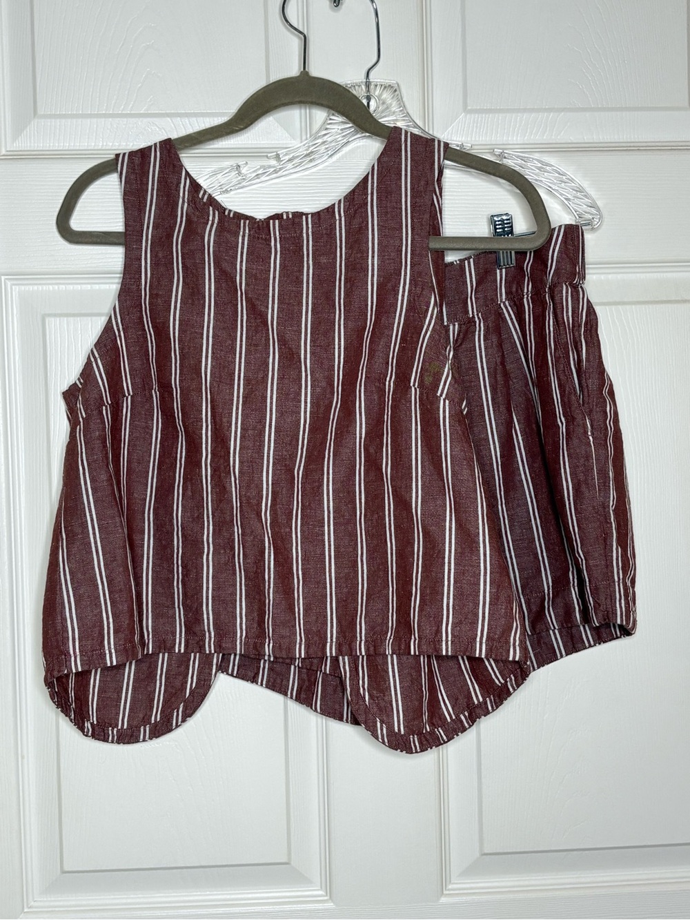 Pact Brown and White Striped Sleeveless Linen-Blend Shorts med and top is small - Picture 2 of 16